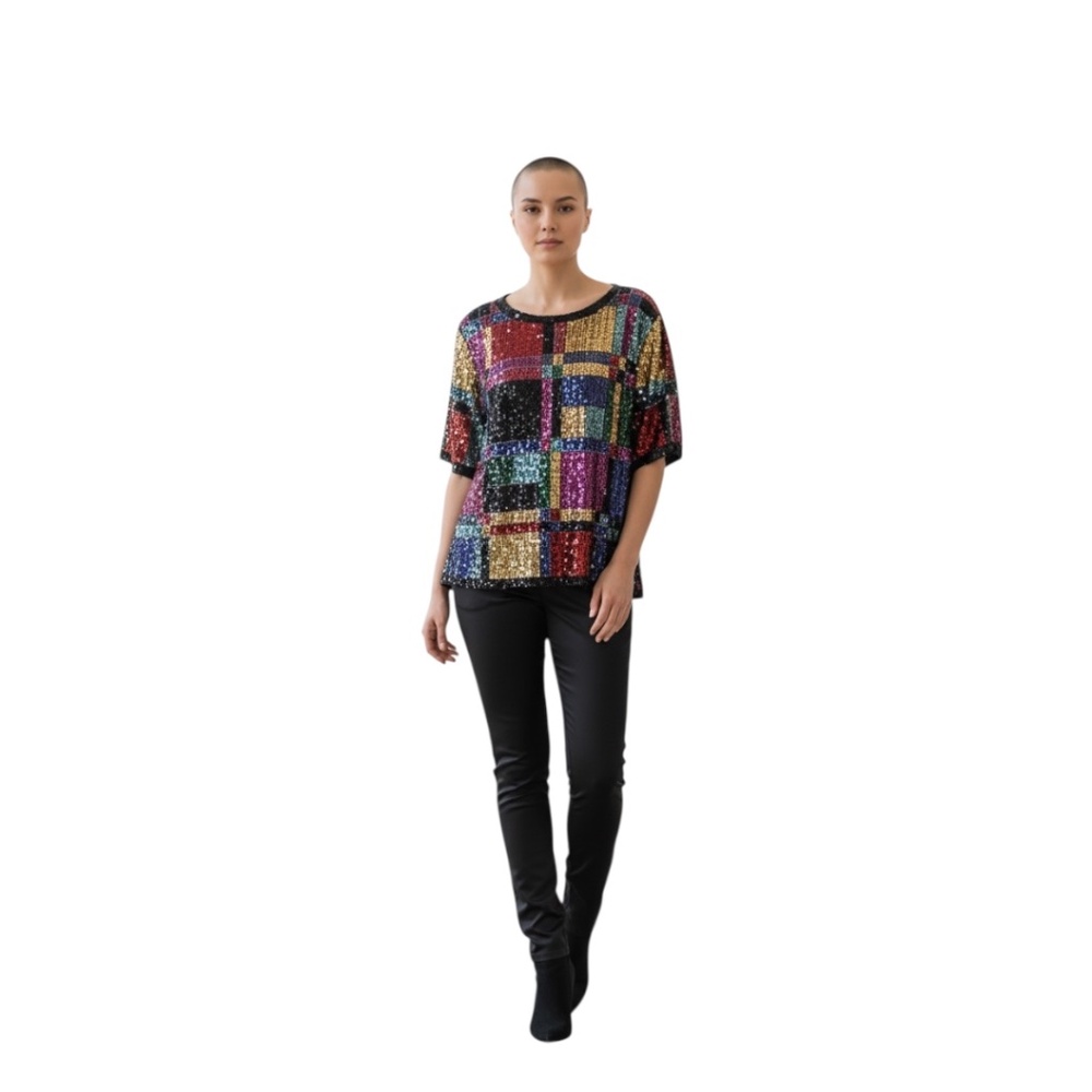 Vintage Jean for Joseph Le Bon Silk Color block Women's Beaded Sequined‎ Blouse